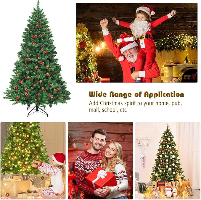 Happygrill 6.5 Feet Christmas Tree with Sturdy Metal Stand Artificial Xmas Tree with Pine Cones Red Berries