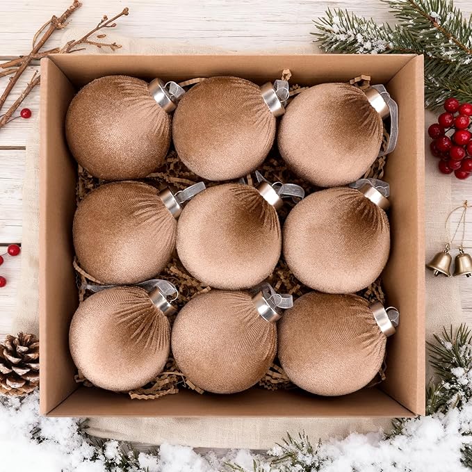 9 Pcs Christmas Tree Ornaments Set, 80mm/3.15in Large Velvet Christmas Balls for Xmas Tree Decorations Shatterproof Hanging Flocked Balls Ornaments Brown