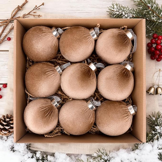 9 Pcs Christmas Tree Ornaments Set, 80mm/3.15in Large Velvet Christmas Balls for Xmas Tree Decorations Shatterproof Hanging Flocked Balls Ornaments Brown