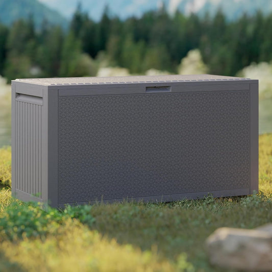 90 Gallon Outdoor Storage Box, Lockable Package Outside Storage Box Waterproof, Patio Cushions Deck Storage Boxes, Rattan Plastic Garden Hose Containers Resin Pool Storage Bins with lids, Grey