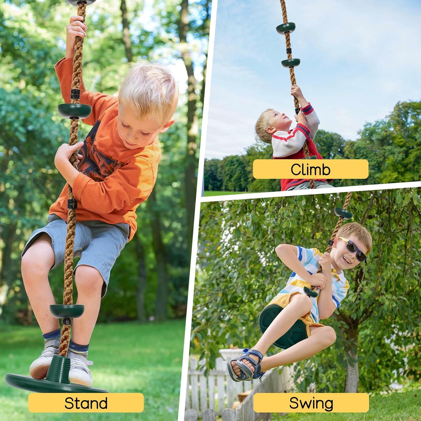 DECORLIFE Tree Swing for Kids, Adjustable Rope Swing Disc Swing for Outside with Platform Carabiners and Strap Outdoor, Playground Accessories, Green