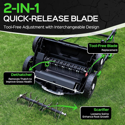 2025 Upgrade 16-Inch 15.5 Amp 2-in-1 Electric Dethatcher and Scarifier with 14.5-Gallon Collection Bag, Lawn Dethatcher with 5-Position Depth Adjustment, Keeps Lawn Healthy – Light Green