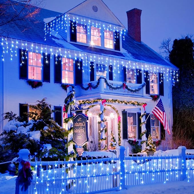 Icicle Christmas Lights Outdoor, 66ft 640 LED Blue and White Christmas Lights 8 Modes with 120 Drops, Waterproof Icicle Light Plug in for Indoor Outside Party Holiday Xmas Halloween Decorations