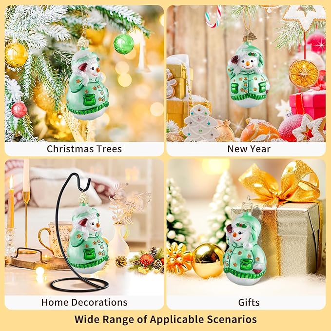 Snowman Christmas Ornaments,Glass Blown Ornaments for Christmas Tree,Green Snowman Collection Figurine Hanging Ornaments,Christmas Decorations for Xmas Tree Holiday Party Daily Gifts
