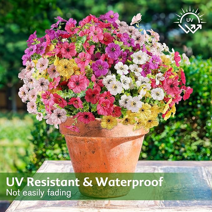 AGIRL 16 Bundles Artificial Flowers for Outdoor,No Fade Fake Plastic Flowers Faux Plants for Hanging Planters Decoration Indoor Outside Garden Porch Window Box Home Wedding