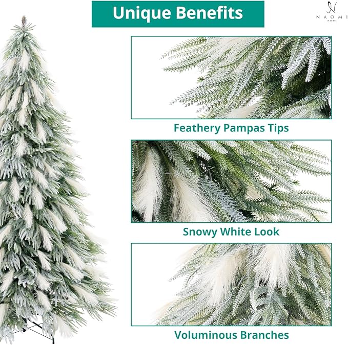 Makenna 7.5ft Snow Flocked Feathery Frosted Prelit Artificial Christmas Tree with 6478 Pampas Tips, 550 Warm Lights and Metal Stand, 48" Wide Realistic Snow Flocked Pine Christmas Tree with Lights