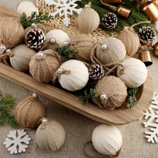 Syhood 24 Pcs Rustic Christmas Ball 2.36 Inch Neutral Farmhouse Christmas Tree Ornaments Shatterproof Hanging Burlap Fabric Textured Ball for Xmas Tree Party Garlands Wreath Home Decor