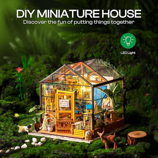 ROBOTIME DIY Miniature House Kit Mini Green House Tiny Dollhouse Wooden Furniture Kit with LED Halloween/Christmas/Birthday Gifts for Adults (Cathy's Greenhouse)