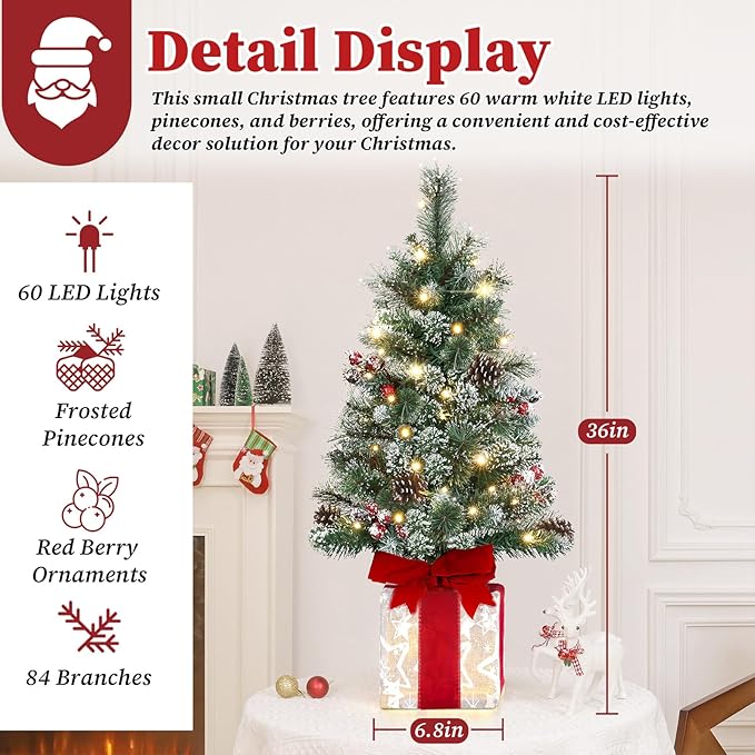 Brightever 3FT Small Christmas Tree, Pre-lit Artificial Mini Christmas Trees with 60 Warm White LED Lights and Unique Gift Box Base, Plug in Outdoor Flocked Xmas Trees for Porch, Tabletop, Green