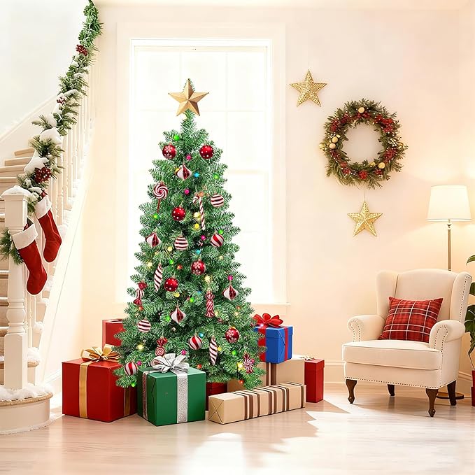 5FT Christmas Tree LED Bulbs Pre-Lit, Premium Artificial Christmas Tree with Lights, Decorated Xmas Tree with Tripod Stands for Indoor Home Office Party Holiday Decoration, ETL Listed