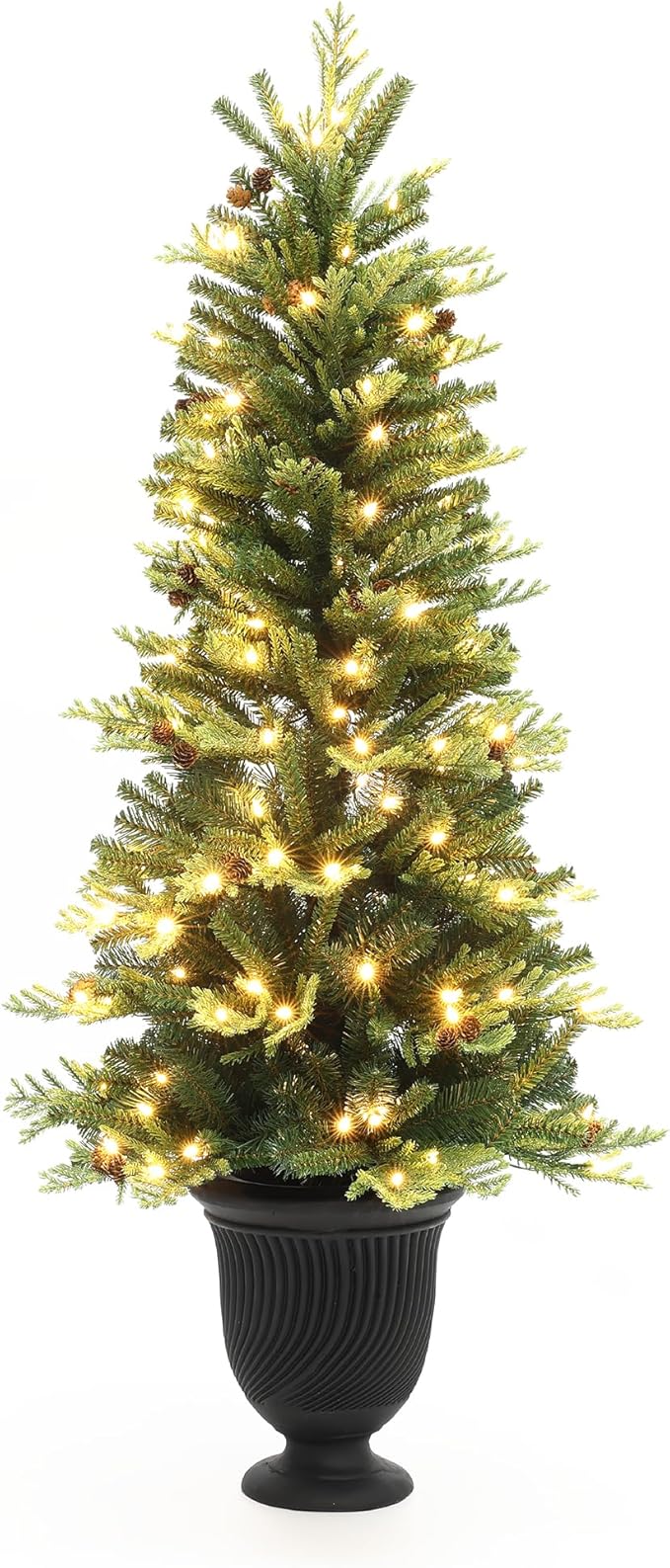 LuxenHome 4.5FT Potted Christmas Tree, Prelit Artificial Small Christmas Trees with 150 LED Lights, Slim Xmas Tree Pre-lit with Pine Cone and Black Fluted Urn Style Pot for Entryway, Living Room