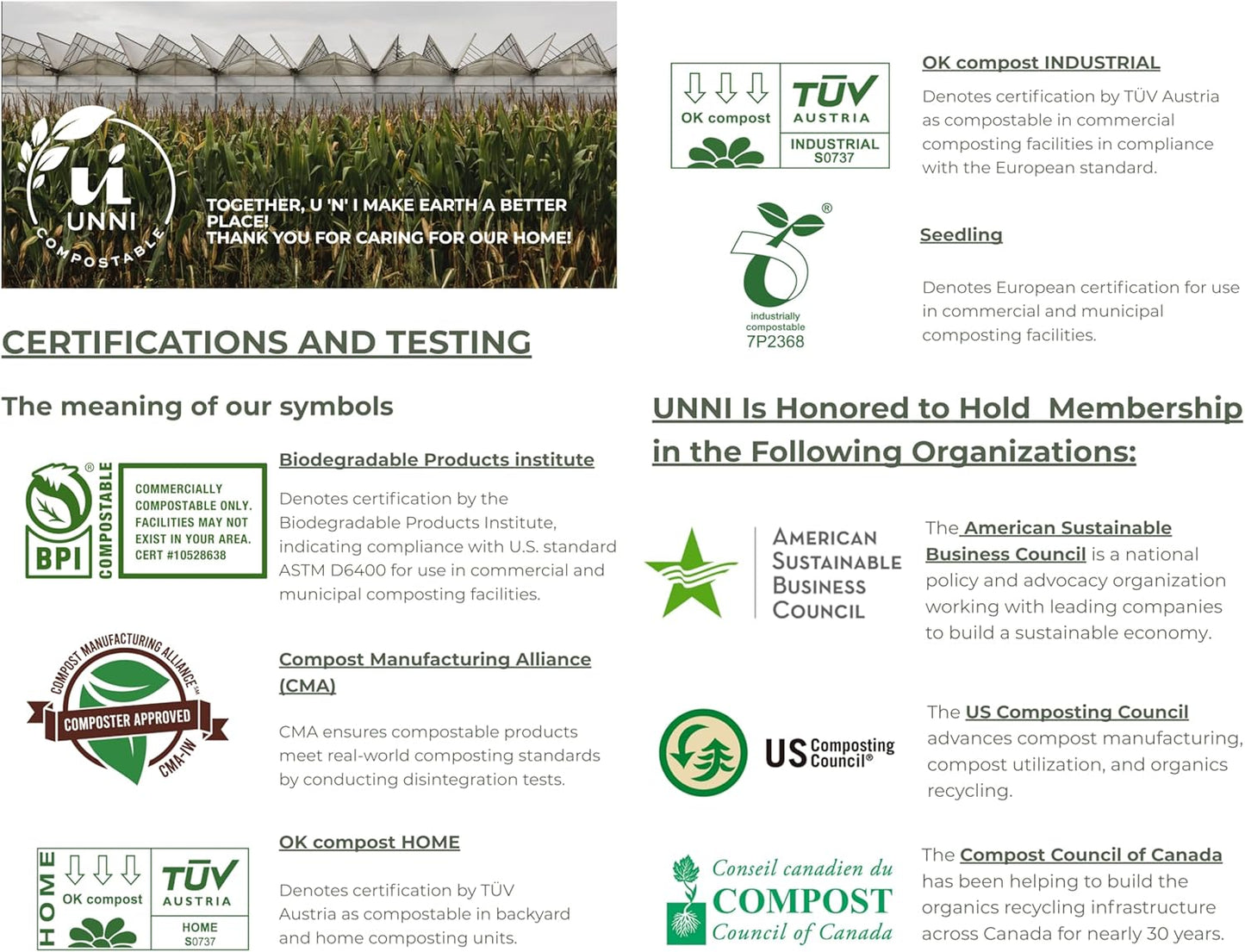 UNNI Compostable Trash Bags, 3 Gallon / 11.35 Liter, 100 Count, Extra Thick 0.71 Mil Small Kitchen Food Scrap Bin Liners, Certified by BPI, CMA & OK compost HOME, Meets the ASTM D6400 Standard