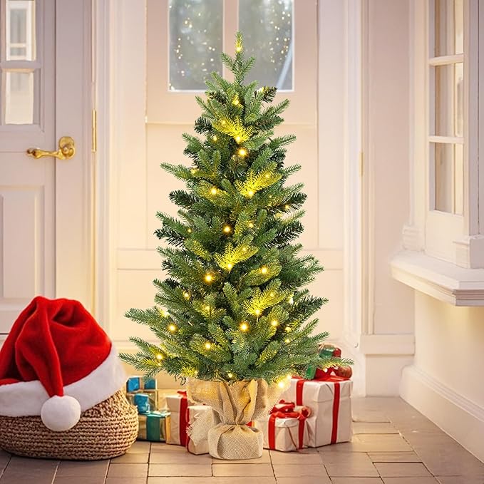 GOFLAME 3FT Pre-Lit Artificial Mini Christmas Tree, Small Tabletop Xmas Fir Tree with 363 Branch Tips, 50 Warm White LED Lights, Timer, Holiday Decoration Tree with Burlap Base