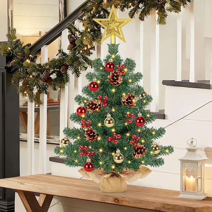 [ Timer & 8 Modes] 24 Inch Artificial Mini Christmas Tree with 50 Warm White Lights Star Treetop and Ornaments Small Tabletop Christmas Tree for Indoor Home Table Christmas Decorations