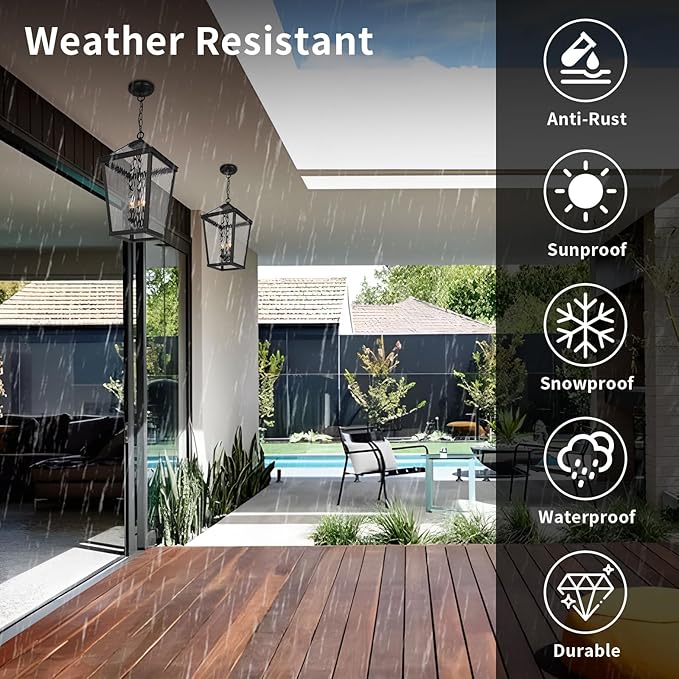 Treekee Outdoor Pendant Light, Modern Black Hanging Lantern Light for Front Porch, Adjustable Exterior Chandelier Fixture with E12 Sockets & Water Ripple Glass for Patio, Entryway, Garage, Gazebo