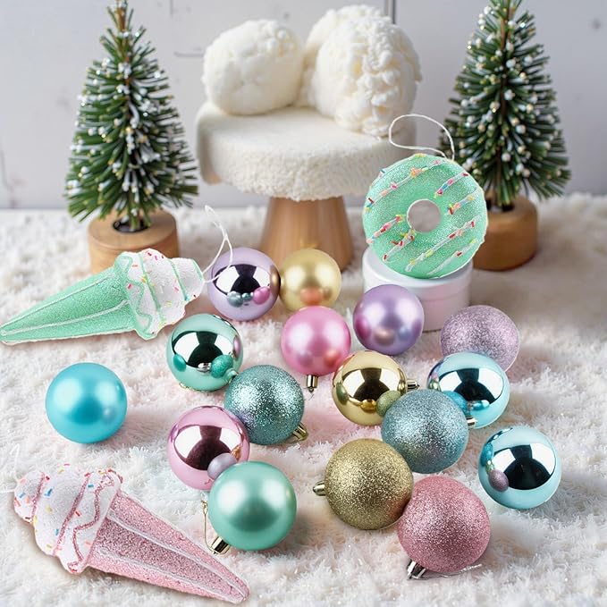 Christmas Tree Decorations Set,Christmas Ball Ornaments Glittering Plastic Hanging Decorations Elf Balls,Large Tree Topper Wreath Bow,Candy Peppermint Wood Ornaments (Macron)