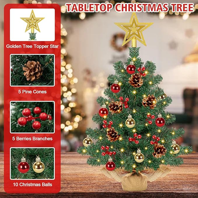 [ 8 Modes & Timer] 24 Inch Small Tabletop Christmas Tree with 50 Warm White Lights Star Treetop and Ornaments Artificial Mini Christmas Tree Indoor Home Table Christmas Decorations