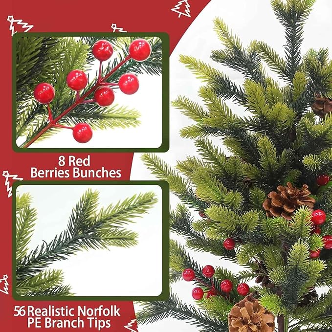 24"/2FT Tabletop Christmas Tree, Realistic-Feel Thick Artificial Mini Christmas Trees Small Christmas Tree with Lights Timer 56 Norfolk Pine Tip Pinecone Berry Burlap Base Christmas Decorations Indoor