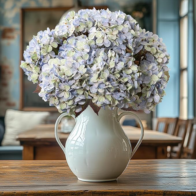 Artificial Flower Fake Silk Hydrangea Heads Bouquet with Stems Bulk for Fall Decoration Table Center Christmas Indoor Outdoor Faux Floral Realistic with Leaves Plants Crafts 8PCS(Blue)