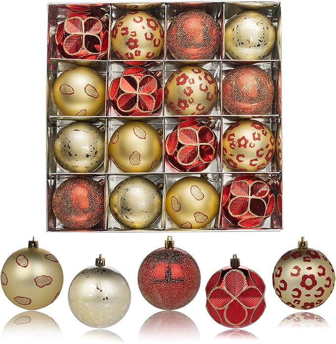 16CT Leopard Christmas Ornaments,Shatterproof Red and Gold Christmas Decorations, Lage Baubles Ornaments Hanging Decor for Xmas Tree Home Party Festivals (80MM/3.15'')