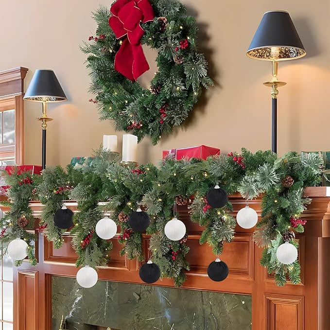 Woration 15pcs 2.36inch Velvet Christmas Ornaments Balls Set Xmas Tree Hanging Decoration Shatterproof Balls for Home Party Holiday (White, Black)