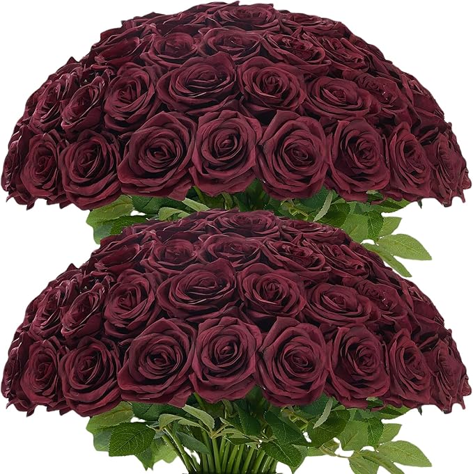 Carlita's Blooms 50pcs Burgundy Rose Artificial Silk Roses, Realistic, Long Lasting, Versatile for Weddings & Parties