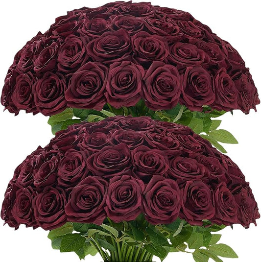 Carlita's Blooms 50pcs Burgundy Rose Artificial Silk Roses, Realistic, Long Lasting, Versatile for Weddings & Parties