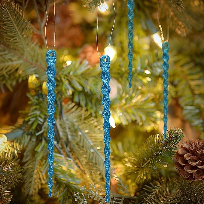 AMS Sparkling Glitter Plastic Icicle Ornaments 30 PCS Twisted Icicles Decoration Christmas Tree and Holiday Xmas Party Hanging (5.1'', Blue)