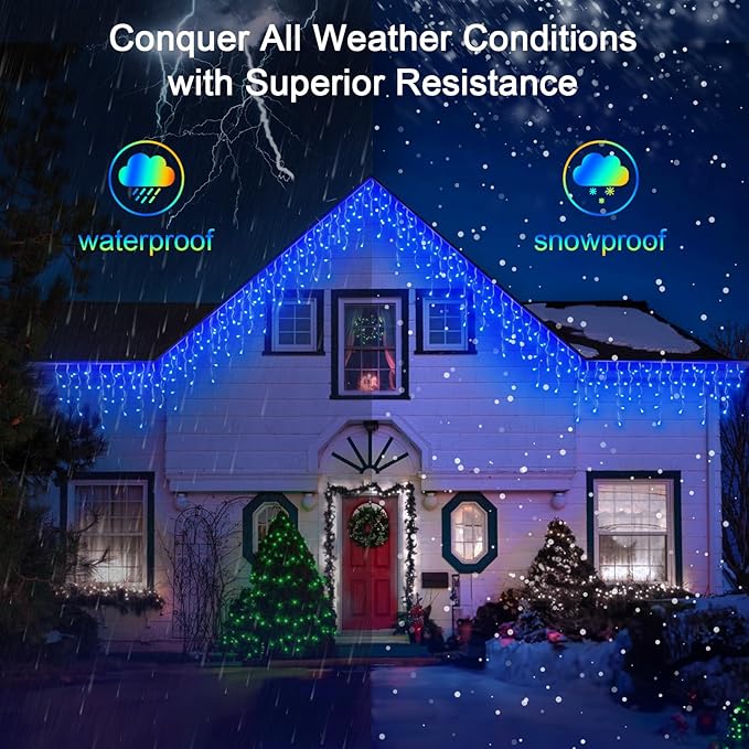 132FT LED Christmas Lights Outdoor with 280 Drops, Christmas Decorations Hanging Lights 980 LED 8 Modes, Outsite Fairy String Lights for Wedding Party Holiday Winter Wonderland Decorations Blue