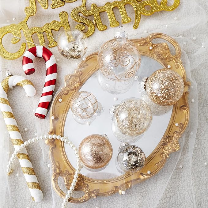 Wironlst Christmas Ball Ornaments Shatterproof Clear Large Plastic Hanging Ball Decorative Baubles Set with Stuffed Delicate Decorations (Multi-Size, Champagne)