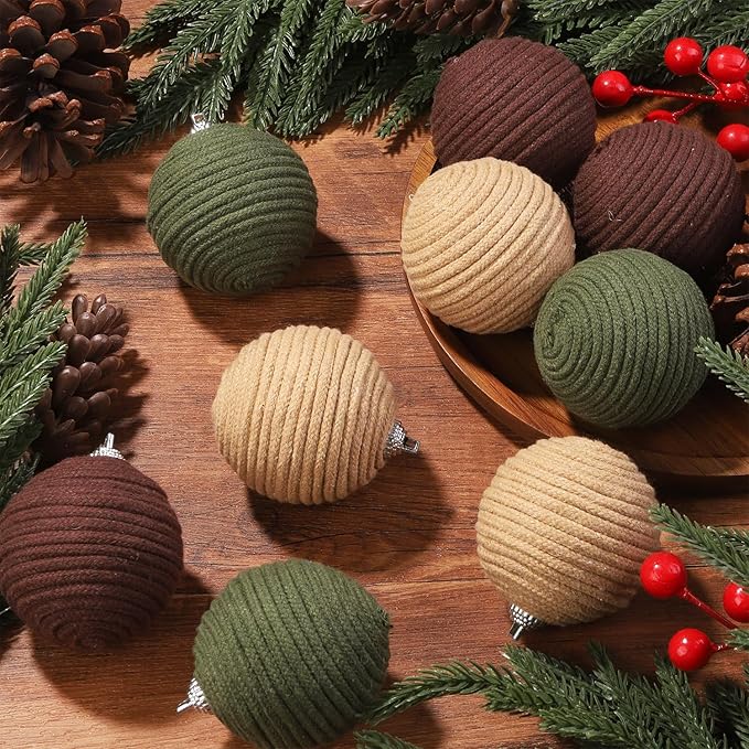 JOICEE 9 Pcs Boho Christmas Ball Ornaments Set, Jute Rope Hanging Balls Neutral Rustic Ornaments Christmas Ball Decoration for Xmas Tree Wreath Garland Party Farmhouse Decor(Green, Linen,Dark Brown)