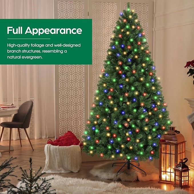 Himimi 7.5 ft Christmas Tree Prelit, Full Artificial Tree with Multicolor Lights, PVC Leaves 1346 Tips, 450 RGB Lights, Easy Assembly, Metal Stand and Premium Hinged Branches