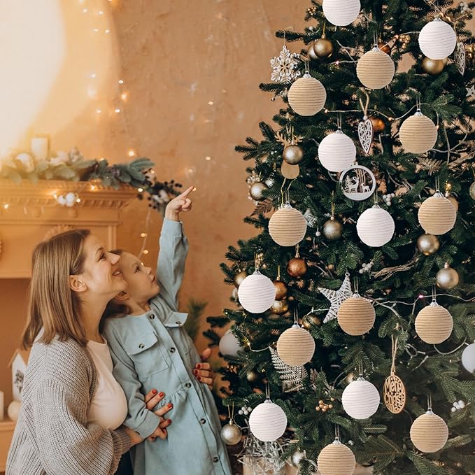 JOICEE 9 Pcs Boho Christmas Ball Ornaments Set, Jute Rope Hanging Balls Neutral Rustic Ornaments Christmas Ball Decoration for Xmas Tree Wreath Garland Party Farmhouse Decor(Linen)