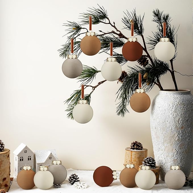 12 Pcs Neutral Matte Christmas Ball Ornaments 2.4 Inch Rustic Boho Terracotta Tan Gray Ivory Xmas Bulbs Ornament Vintage Xmas Baubles Modern Christmas Decor for Tree Farmhouse Holiday Decor