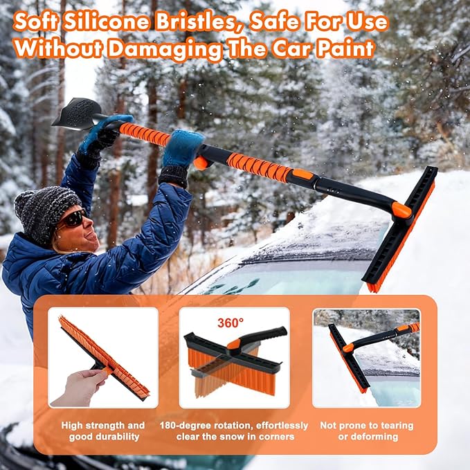 Eazy2hD 3 in 1 Bendable Silicone Snow Brush with Ice Scrapers, 65.75" Extendable Window Ice Removal with Squeegee for Windshield, 360° Pivoting Brush Head Cleaner Tool for Car, Truck, SUV