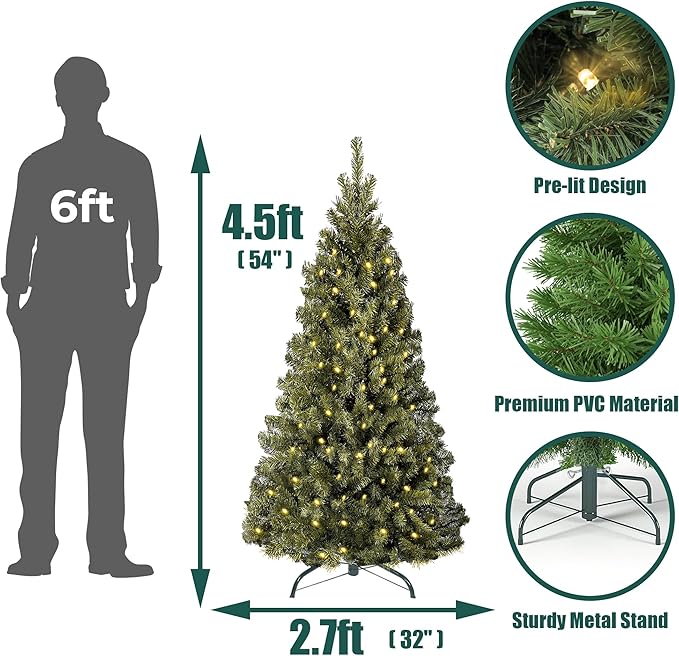 Annecy 4.5ft Pre-Lit Christmas Tree, Green Artificial Full Spruce Christmas Tree w/ 400 Branch Tips, 200 Warm White & Multi-Color Lights for Home, Office, Decoration, Metal Hinges & Base, Green 4.5 ft