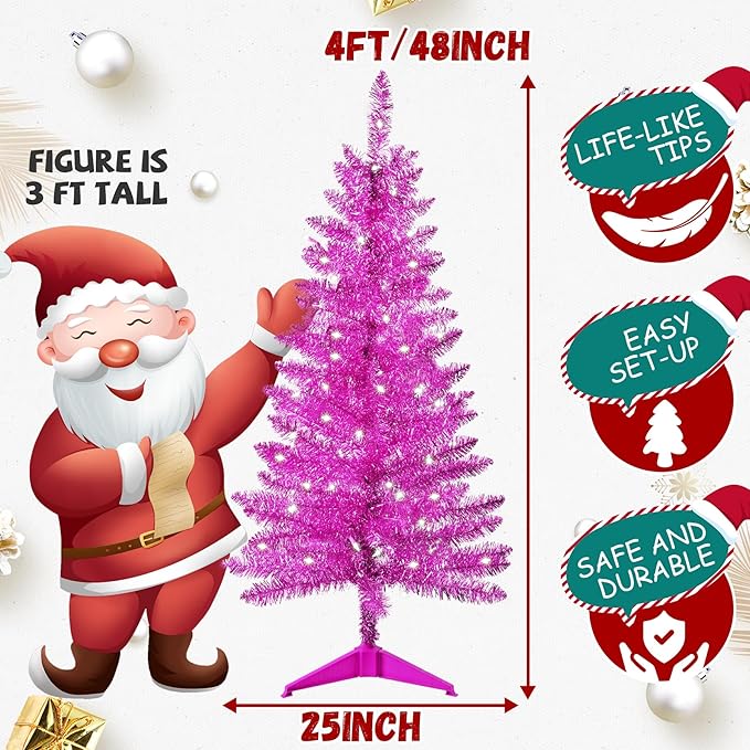 4ft Artificial Full Pink Christmas Tree with Separate Lights, Not Pre-lit Mini Pink Tinsel Pine Christmas Tree, 50 Lights, Small Xmas Tree for Home, Office, Party Decoration, Indoor