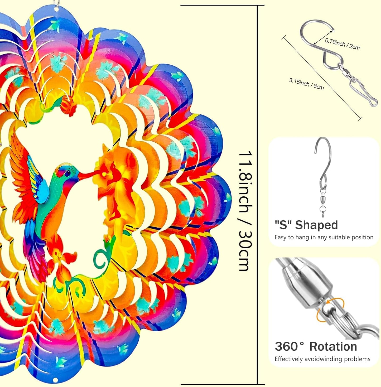 Wind Spinners Outdoor Hummingbird Art12 inch 3D Stainless Steel Laser Cut Metal Art Geometric Pattern Wind Sculpture Hanging for Yard Garden Decorations Gifts Outdoor