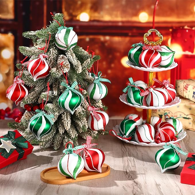 Syhood 24 Pcs Christmas Tree Ornaments, Christmas Ball Decorations Set, Shatterproof Baubles Xmas Tree Hanging Decor, Peppermint Candy Ball Red White Green Stripes Party Holiday(Bright,2.56 Inches)