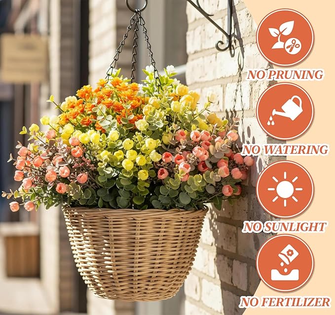 ilauke 7 Bundle Artificial Flowers Outdoor, UV Resistant Fake Flowers in Multicolor, Realistic Faux Flower Roses for Garden Porch Decoration, All Season Fake Plants Bouquet