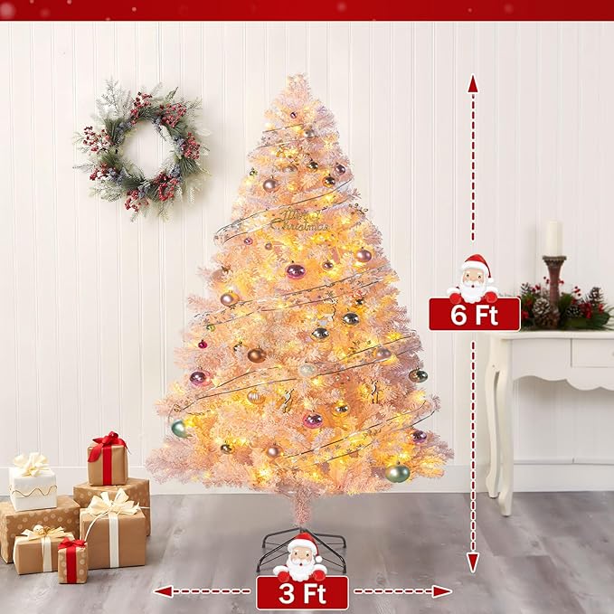 6ft Prelit Pink Artificial Christmas Tree with 150 Warm White LED Lights, Full Snow Flocked Xmas Tree Featuring 1000 Realistic Branch, Easy Hinged Assembly for Home Office Party Decoration