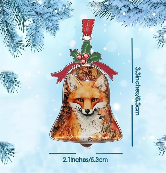 Christmas Ornament Bell Pendant Decorative Metal Glass Hanging Christmas Bell Ornaments for Home Decoration Party Decor (Flower Cute Fox)