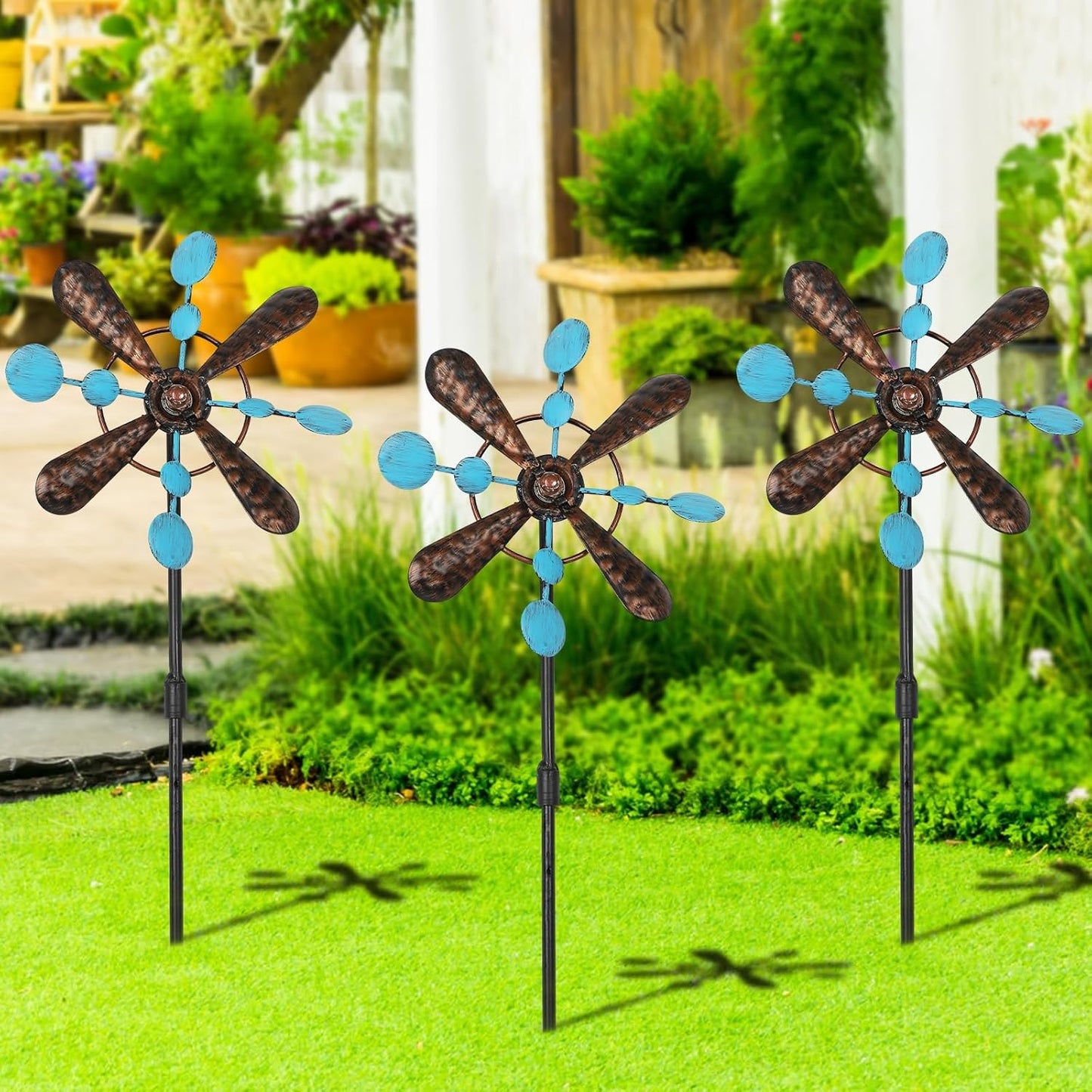 3 Pack Wind Spinners with Metal Stake, 16.3 Inches Yard Garden Sculptures for Outdoor Spring Decoration Lawn Patio Wind Catcher Windmill (Blue spot)