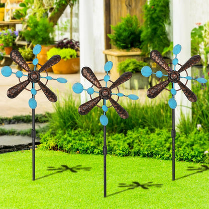3 Pack Wind Spinners with Metal Stake, 16.3 Inches Yard Garden Sculptures for Outdoor Spring Decoration Lawn Patio Wind Catcher Windmill (Blue spot)