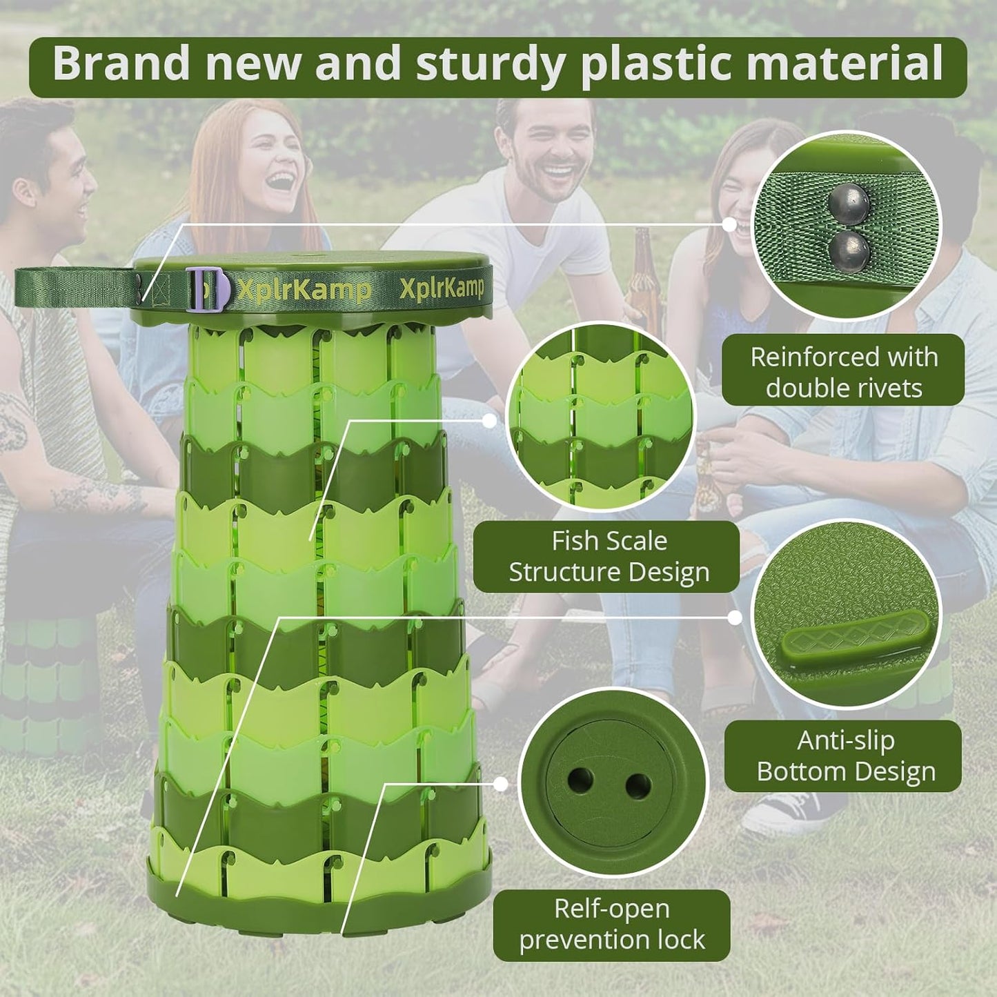 Retractable Folding Stool - Heavy Duty 400 lb Collapsible Portable Stool for Camping, Hiking, Fishing, Indoor/Outdoor with Non-Slip Base and Lightweight Design (Light Green, 2-Pack)