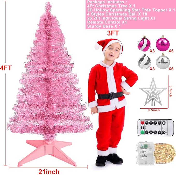 4 Ft Pink Christmas Tree with Timer Remote Control 8 Mode 100 Warm White Light 18 DIY Ball Ornaments 3D Star Battery Operated Small Xmas Tree Table Indoor Holiday Decor