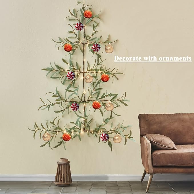 Hairui Lighted Wall Hanging Olive Tree with Timer 3.5FT 140 Warm White LED Fairy Lights, Vine Garland with Lights for Home Room Fireplace Wall Window Christmas Decoration Inside Outside