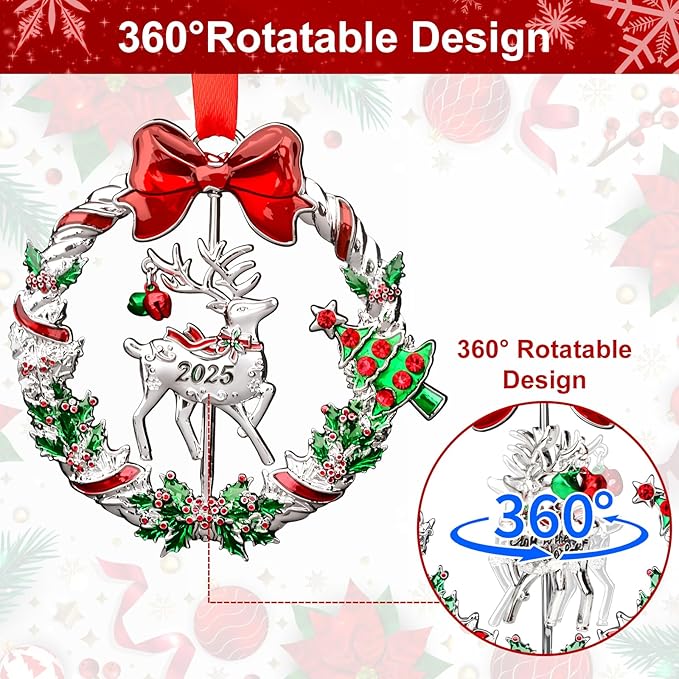 Christmas Ornament 2025 for Christmas Tree Hanging Decorations, Xmas Wreath Ornament with Rotatable Reindeer, Dated 2025 Metal Xmas Ornament for Holiday Decorative Keepsake Gift