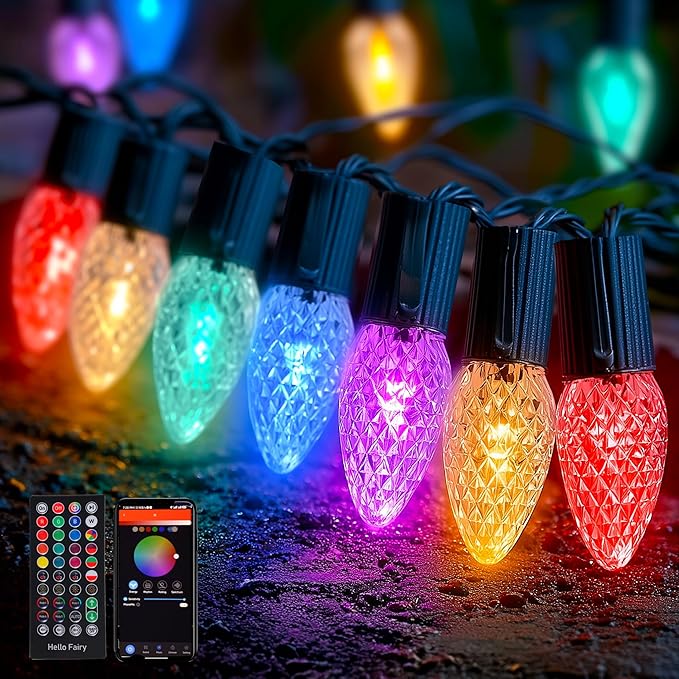 Dazzle Bright Smart C9 Christmas Outdoor Lights, 100 LED 66 FT RGB String Light with Remote, App Control, Music Sync, Connectable Waterproof Xmas Lights for Holiday Tree Patio Roof Decor