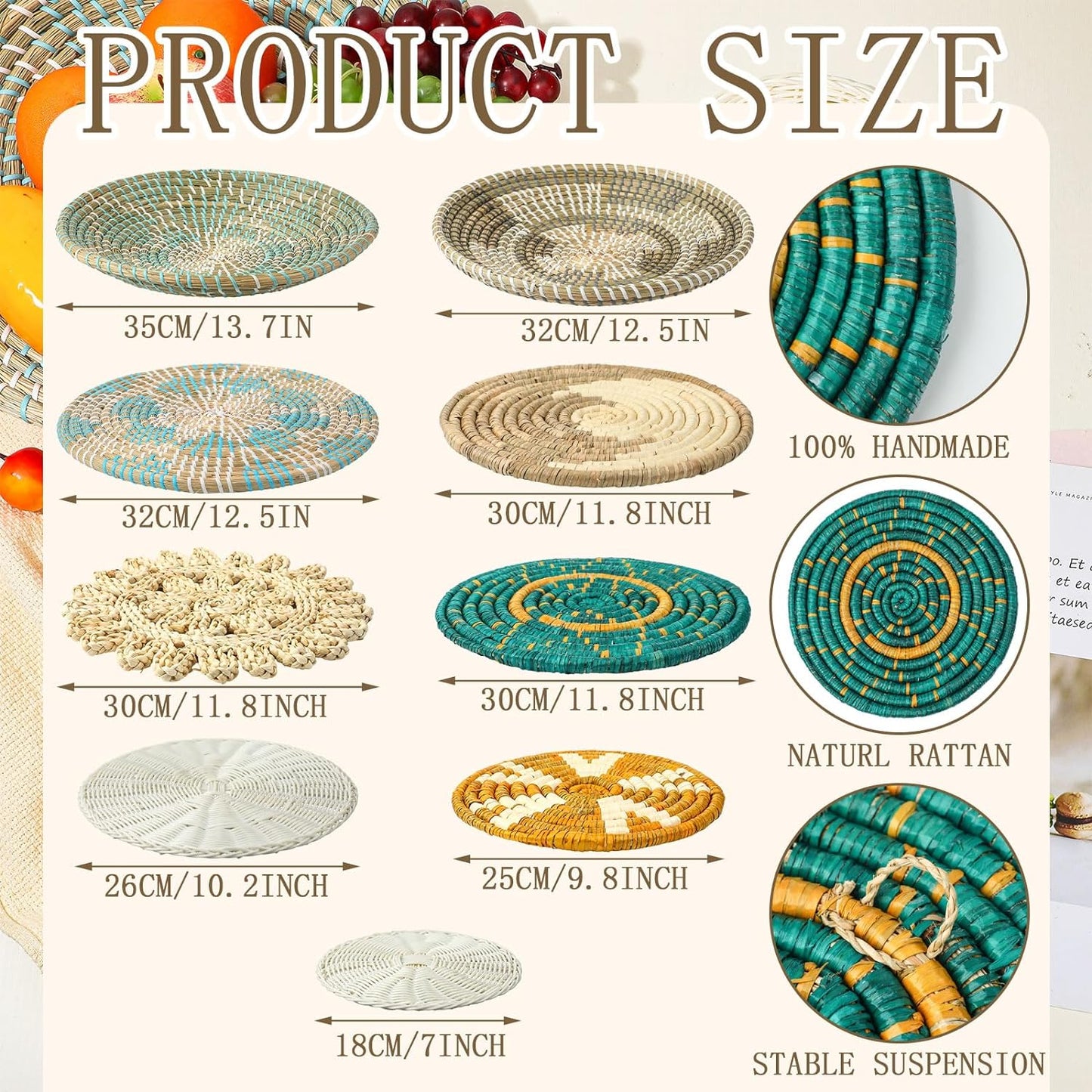 Tatuo 11 Pcs Boho Wall Basket Decor Decorative Bulrush Woven Basket Wall Decor Art Round Farmhouse Hanging Baskets for Kitchen Rustic Home Summer Decorations, Multi Sizes(Bright)